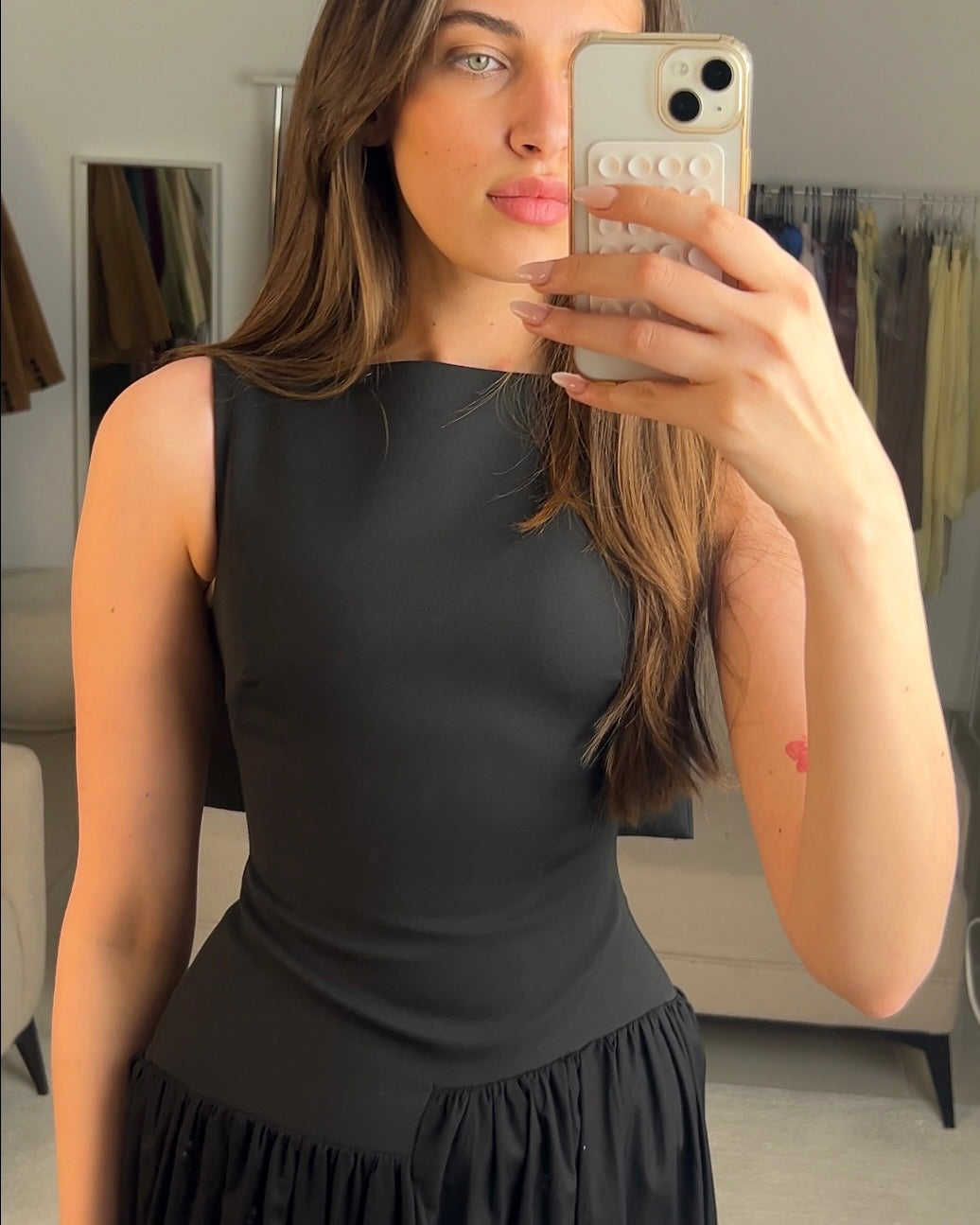 Chic Black Dress With Structured Back Design | فستان أسود شيك بقصة مميزة من الخلف