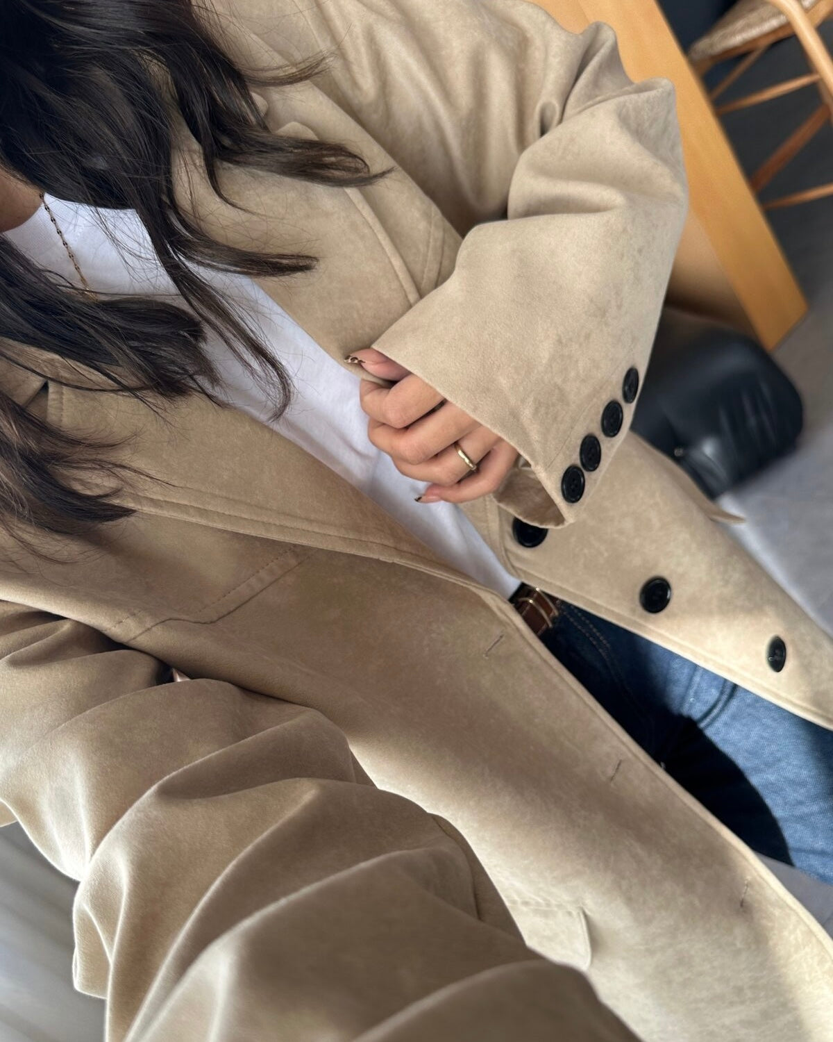 Beige Suede Blazer with Wide Collar | بليزر بيج انيق من جلد السويد