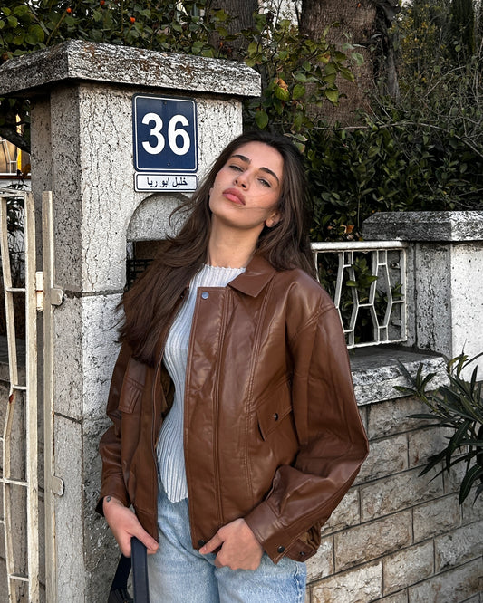 Dark Brown Oversized Structured Leather Jacket | جاكيت جلد واسع بلون البني الداكن