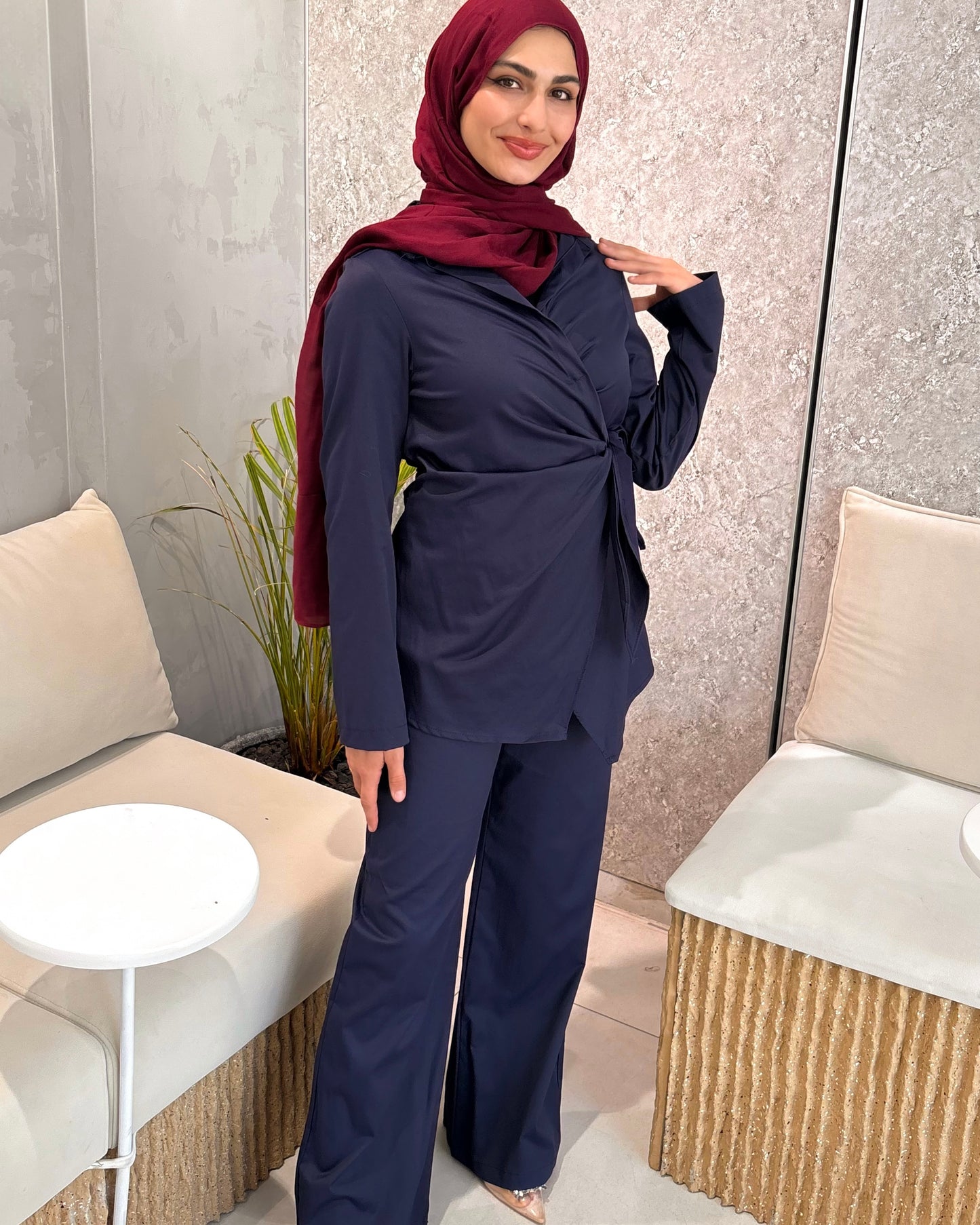 Navy Wrap Blouse and Wide-Leg Pants Set | طقم بلوزة لفّ باللون الكحلي مع بنطال واسع