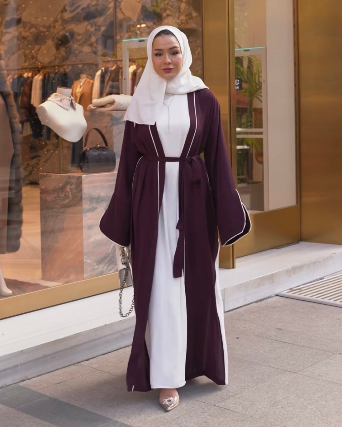 Elegant Maroon Abaya with Floral White Details | عباية أنيقة باللون الخمري مزينة بتفاصيل ورود بيضاء