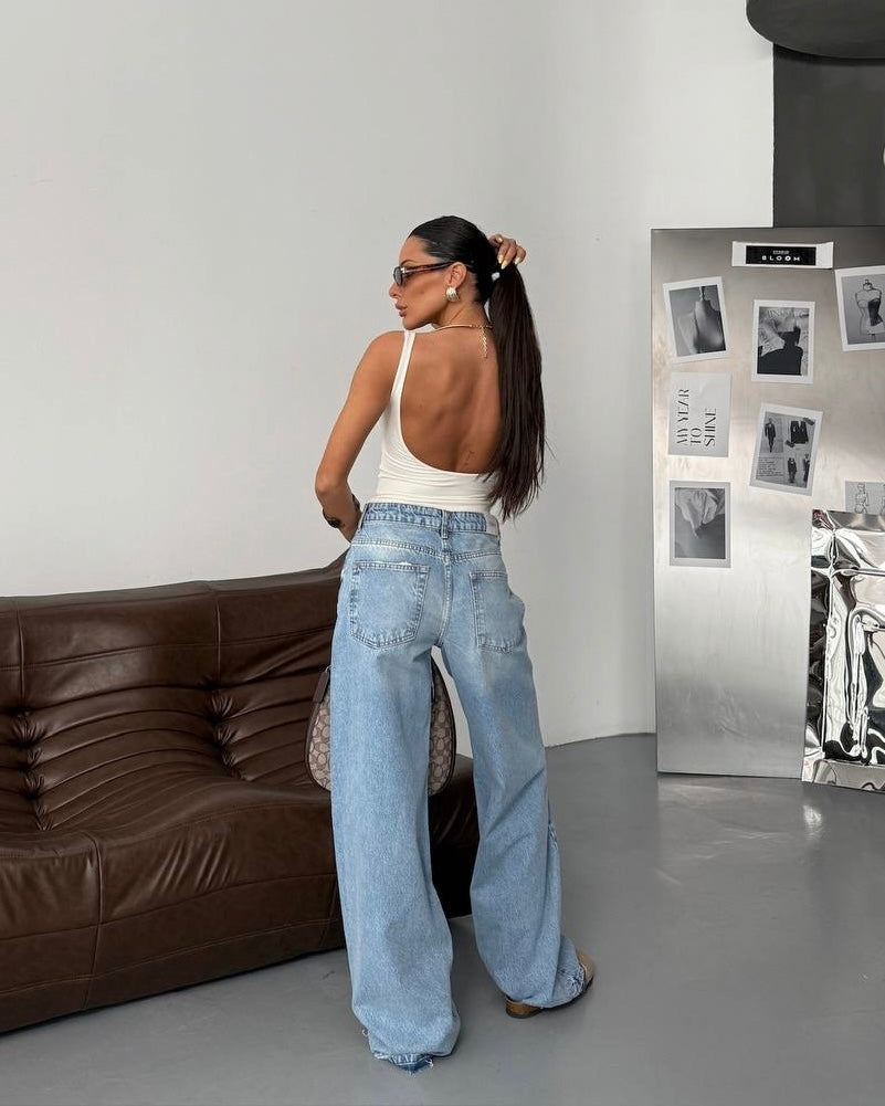 Vintage High-Waisted Relaxed Denim Jeans with Distressed Detailing | جينز فينتج بخصر عالٍ وقصّة مريحة