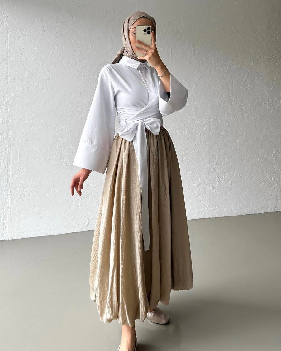 White Side Knot Wrap Top | توب ابيض ناعم بقصة لف وربطة جانبية