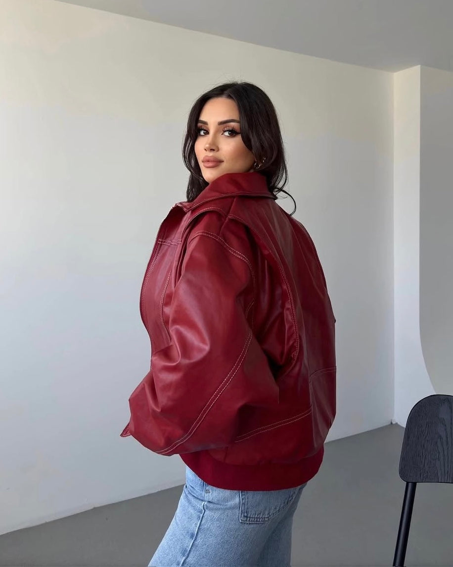 Timeless Red Leather Bomber Jacket