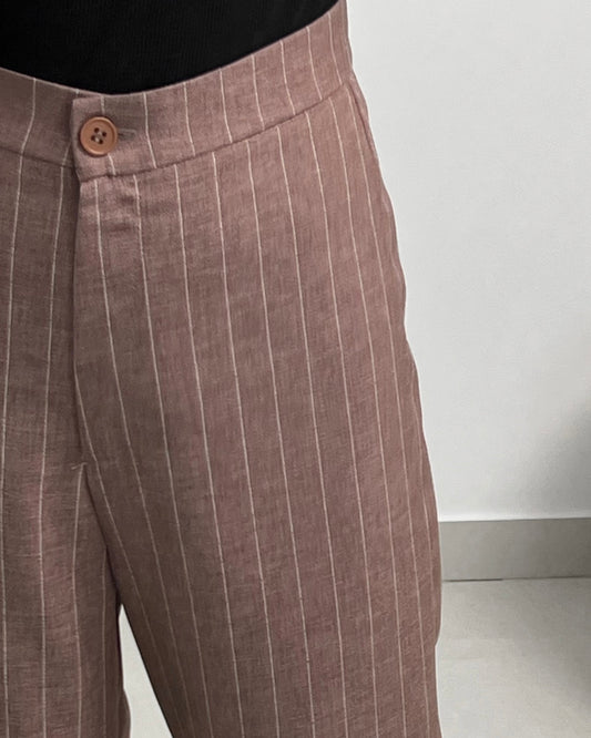 Chestnut Brown Striped Trousers | بنطلون مخطط واسع الساق بلون نود
