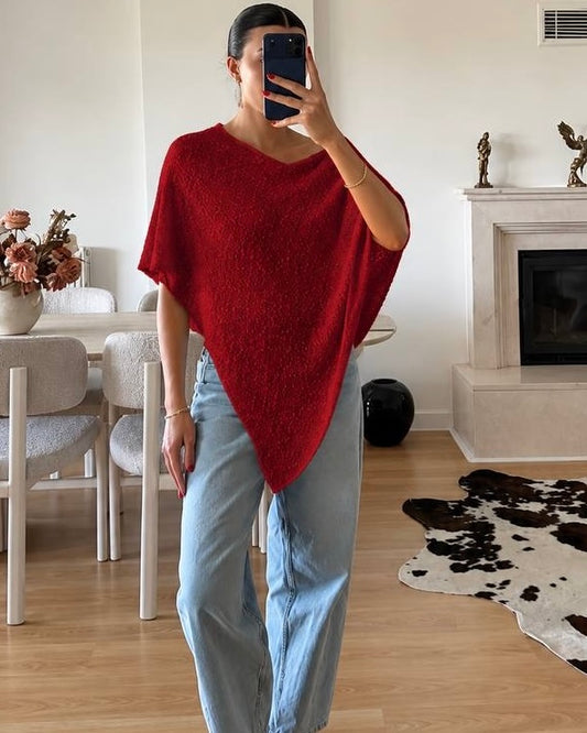 Ruby Red Knit Shawl Top with Asymmetric Hem | بلوزة حمراء بأطراف غير متساوية