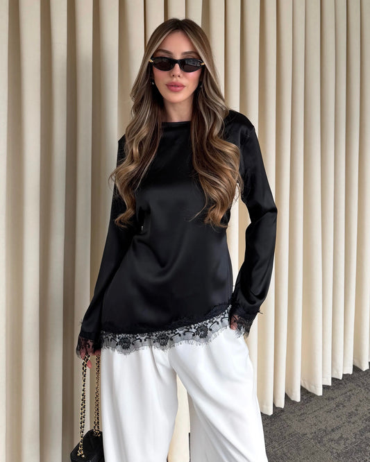 Elegant Black Satin Blouse with Lace Trim | بلوزة ساتان سوداء أنيقة بتفاصيل دانتيل