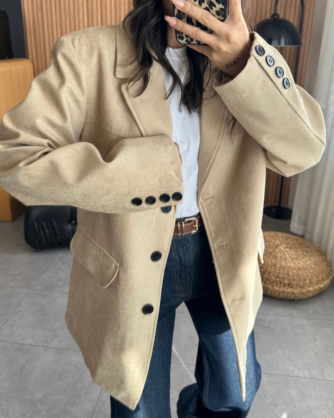Beige Suede Blazer with Wide Collar | بليزر بيج انيق من جلد السويد
