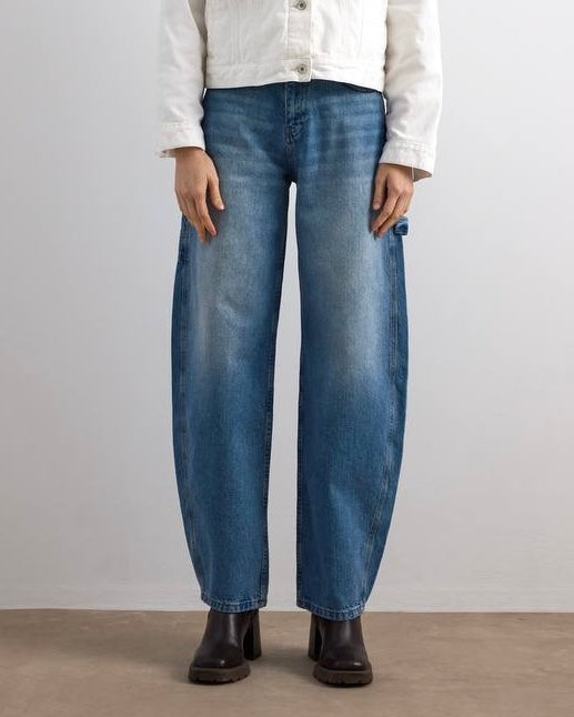 Classic Blue High-Waist Jeans with Adjustable Side Buckles | جينز كلاسيكي أزرق بخصر عالٍ مع أبازيم جانبية