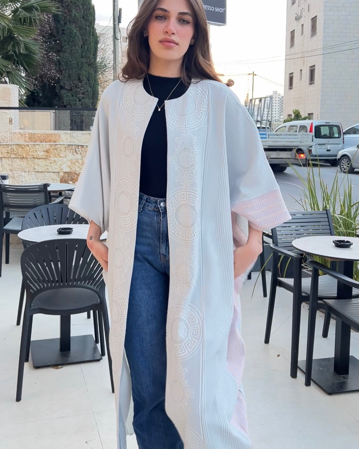 Light Beige Kaftan with Shiny Embroidery | قفطان بيج بتطريز لامع