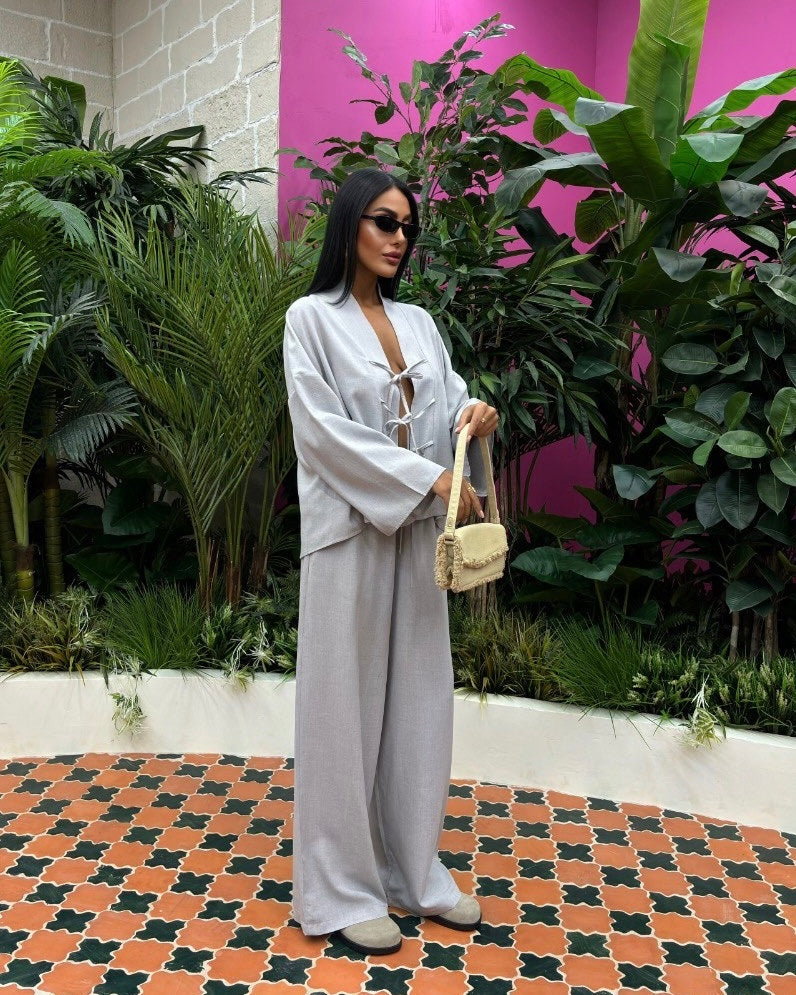 Light Gray Tie Front Casual Set | طقم كاجوال رمادي برباط امامي