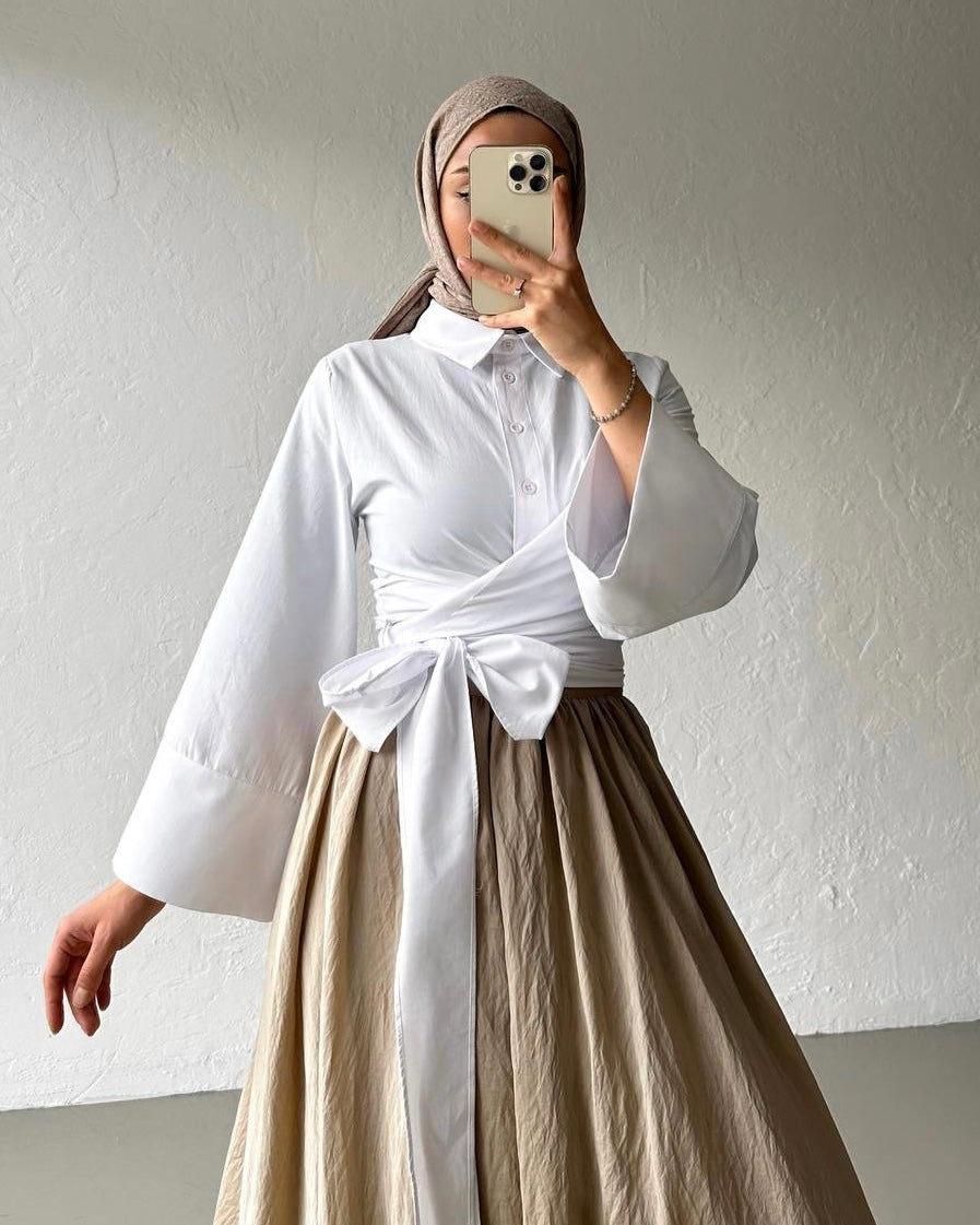White Side Knot Wrap Top | توب ابيض ناعم بقصة لف وربطة جانبية