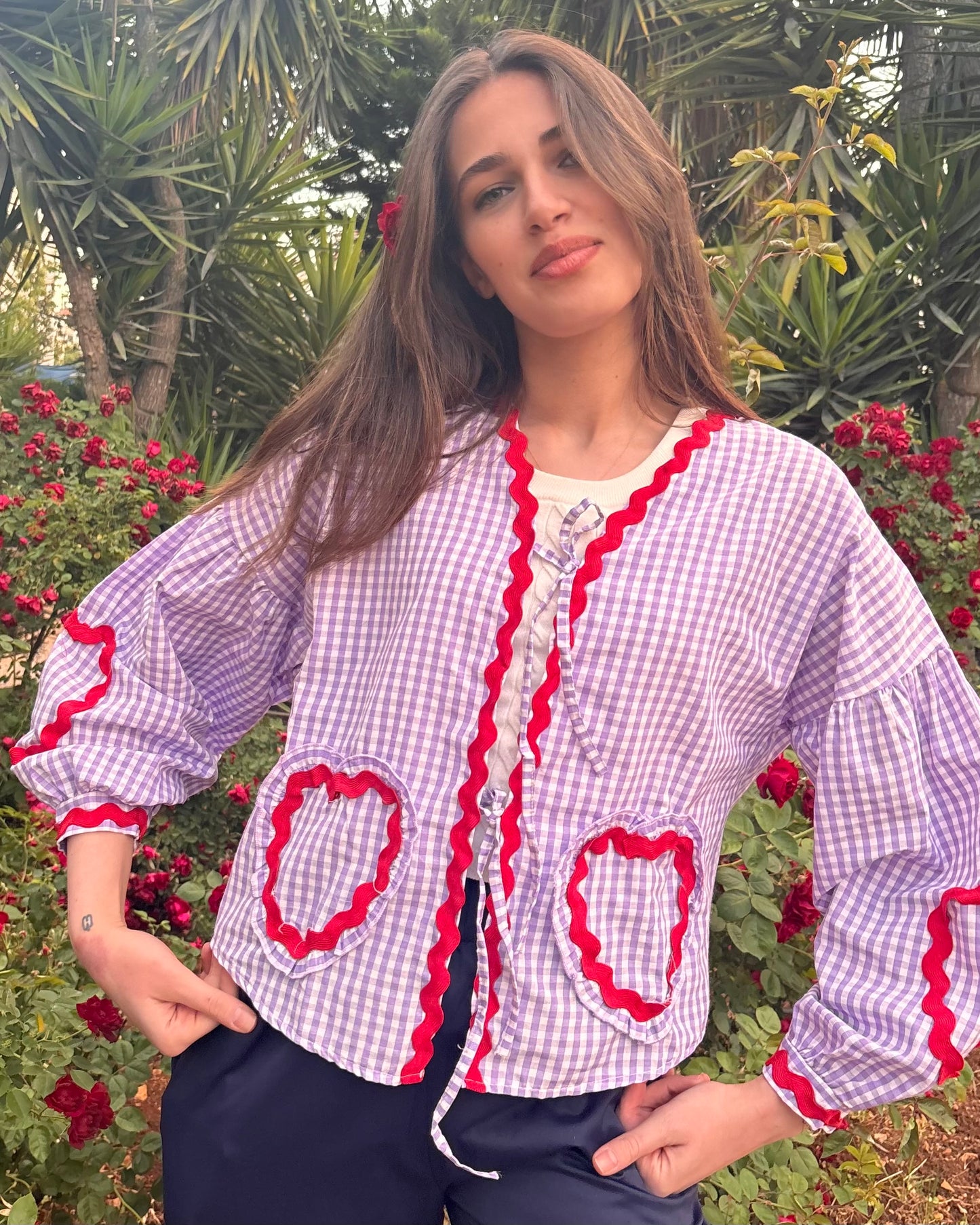 Blouse With a Purple Gingham Pattern & Heart Details | بلوزة بنقشة مربعات باللون الأرجواني وتفاصيل قلب