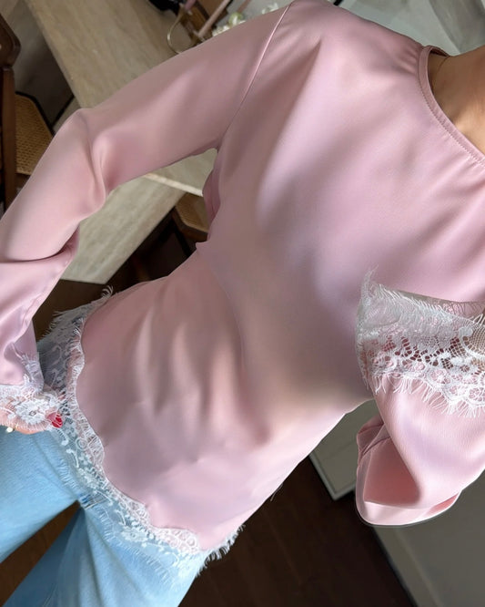 Elegant Pink Satin Blouse with Lace Trim | بلوزة ساتان زهر أنيقة بتفاصيل دانتيل
