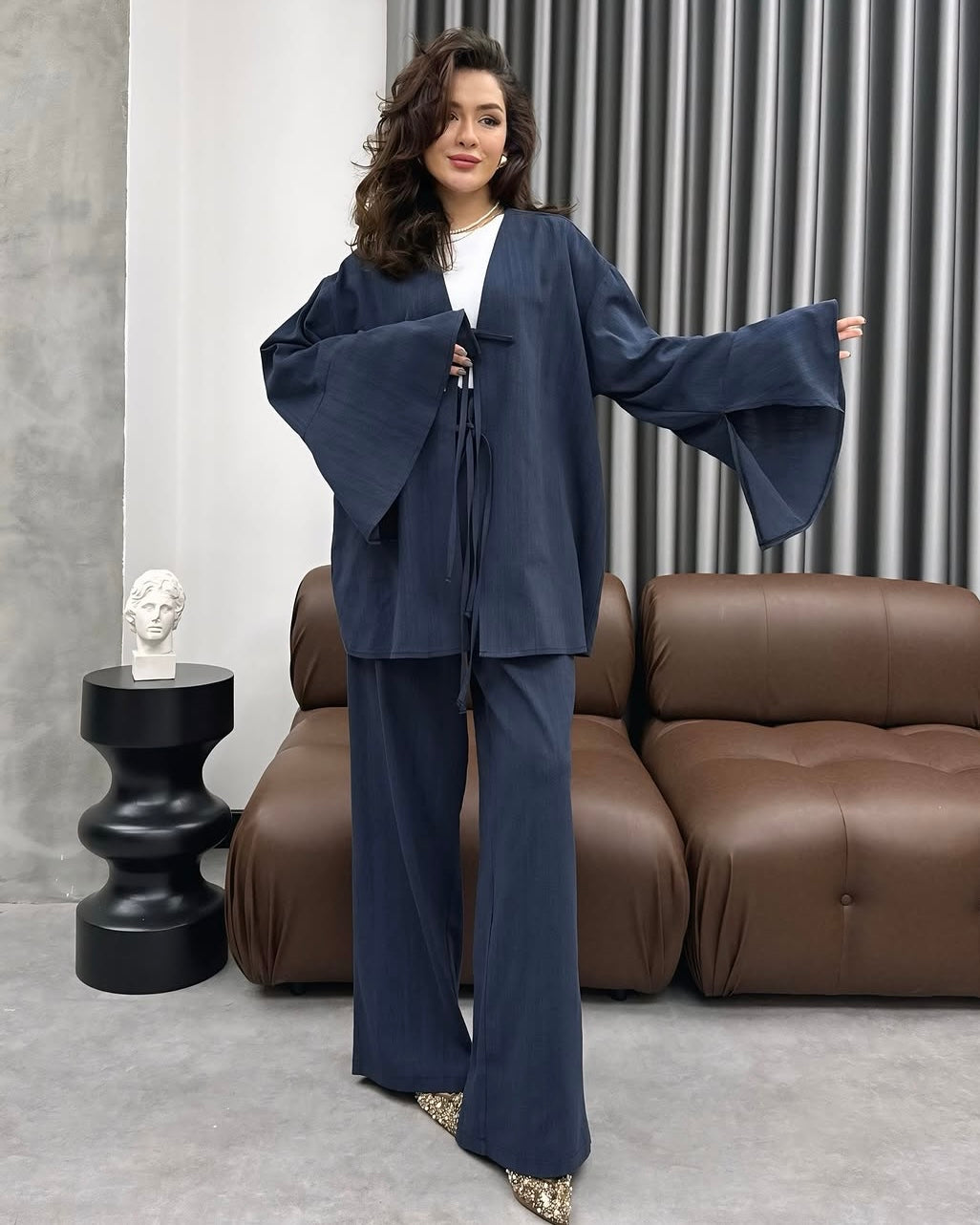 Navy Tie Front Casual Set | طقم كحلي كاجوال برباط أمامي