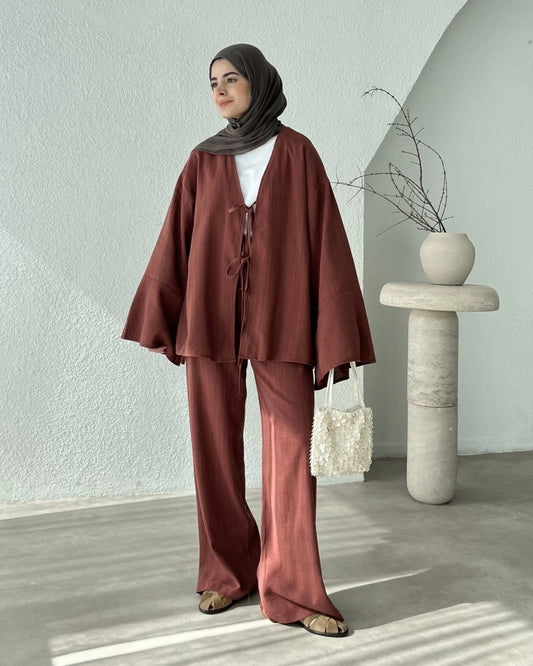 Terracotta Tie Front Casual Set | طقم كرميدي كاجوال برباط أمامي