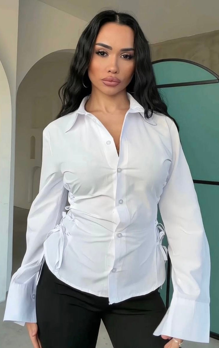 Elegant White Ruched Button-Up Shirt with Side Tie Details | قميص أبيض أنيق بكسرات جانبية وربطات جانبية