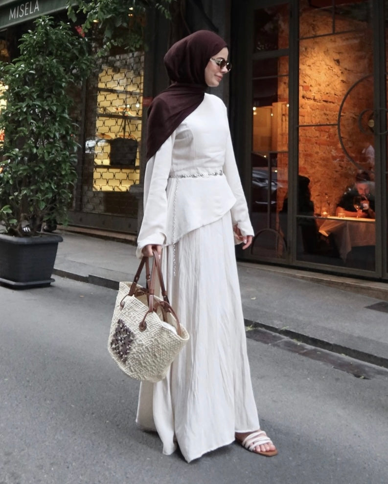 Beige Asymmetric Linen Set | طقم كتان بلون بيج بقصة غير متماثلة
