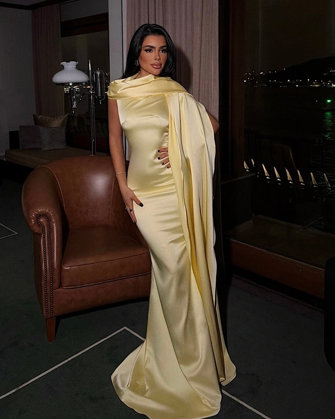 Elegant Black Satin Dress with Draped Scarf | فستان ساتان اسود بقصة ضيقة مع شال منسدل