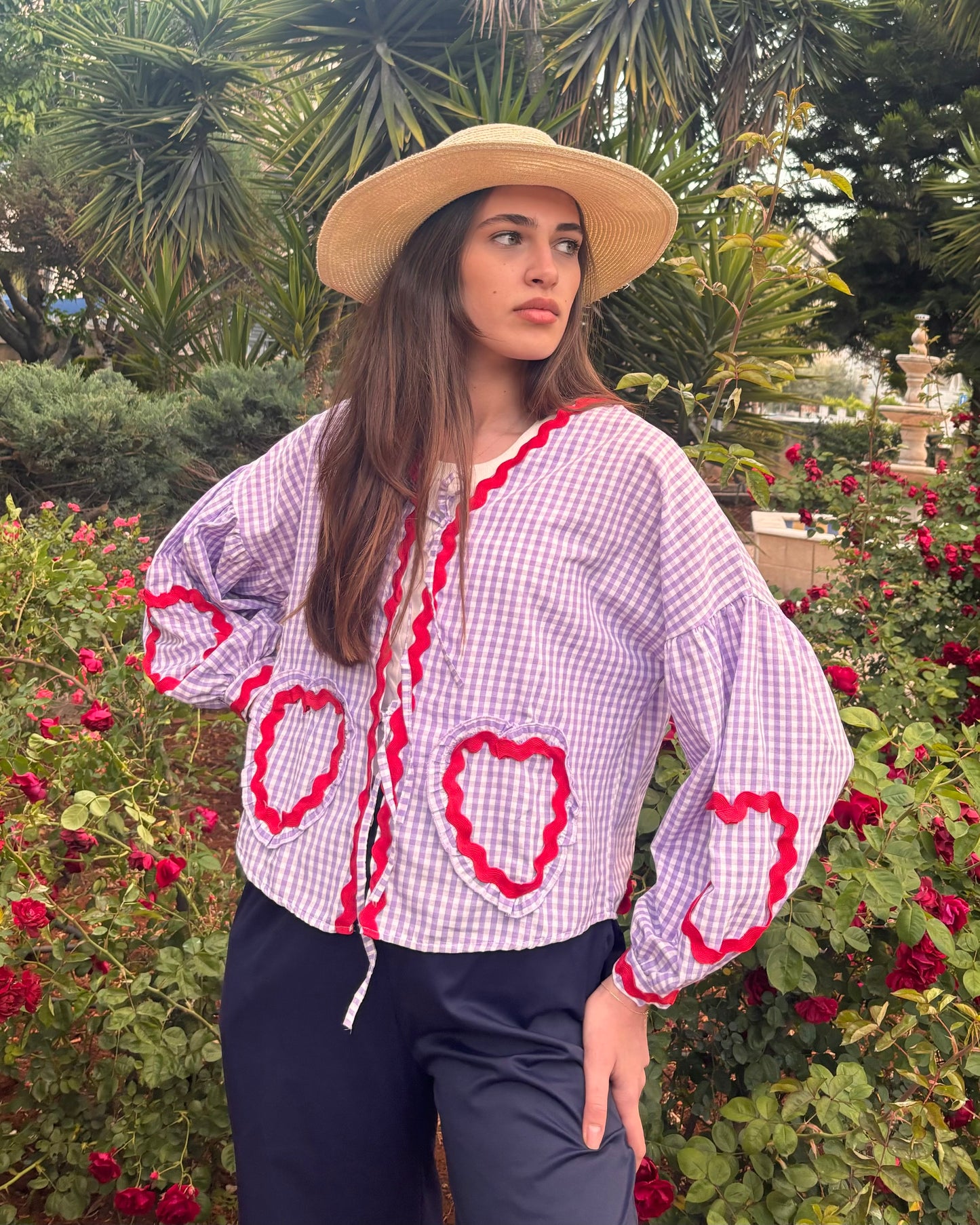 Blouse With a Purple Gingham Pattern & Heart Details | بلوزة بنقشة مربعات باللون الأرجواني وتفاصيل قلب
