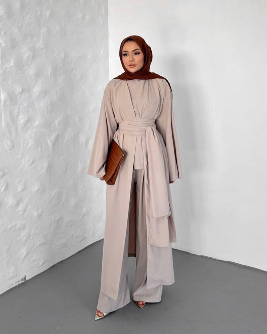 Beige Elegant 3 Piece Abaya | طقم انيق 3 قطع باللون البيج