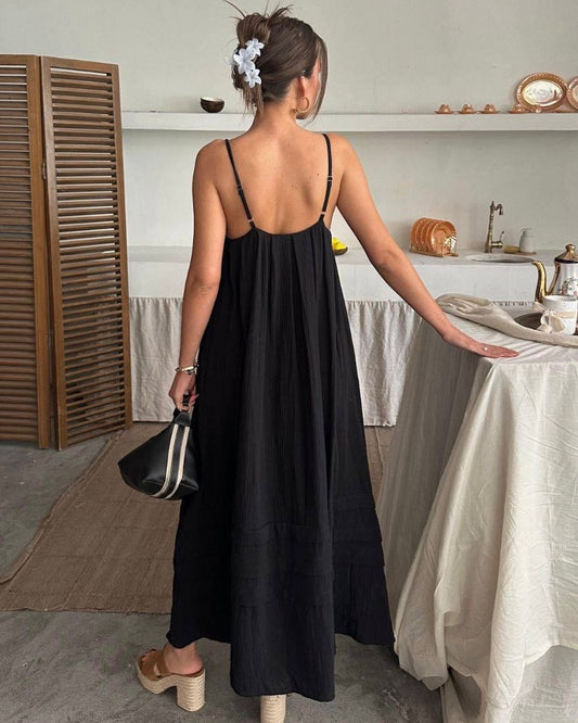 Flowy Black Dress with Straps Adorned with Feminine Details | فستان أسود واسع