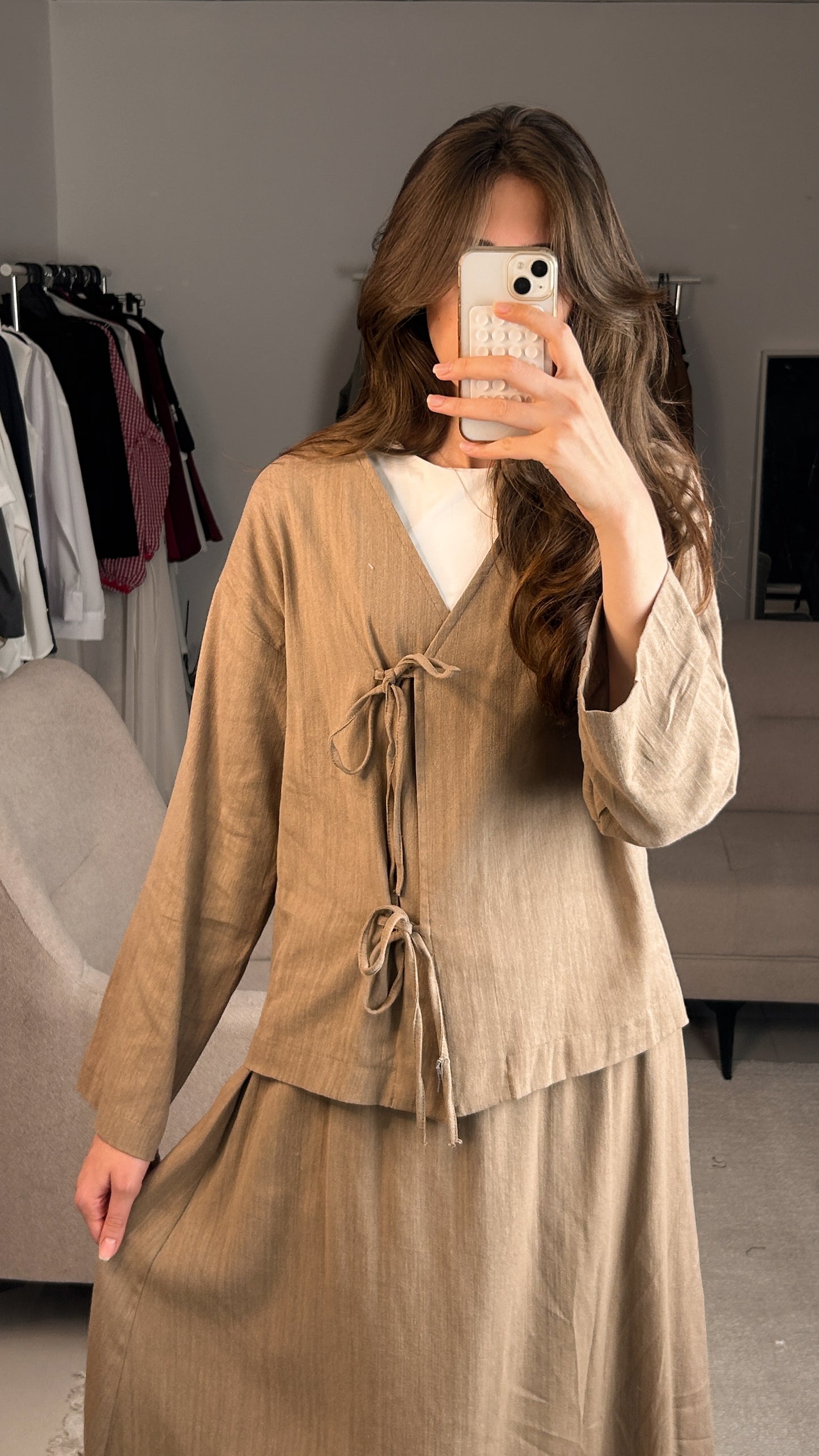 Khaki Linen Front-Tie Co-Ord Set | طقم كتان كاكي بربطات أمامية
