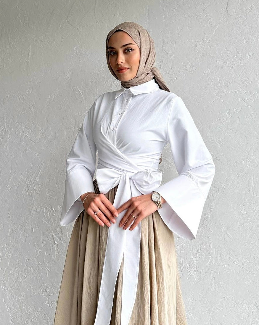 White Side Knot Wrap Top | توب ابيض ناعم بقصة لف وربطة جانبية