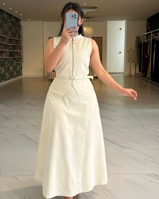 Belted Zip Up Vest and Maxi Skirt Set | طقم ڤيست بسحاب وتنورة ماكسي