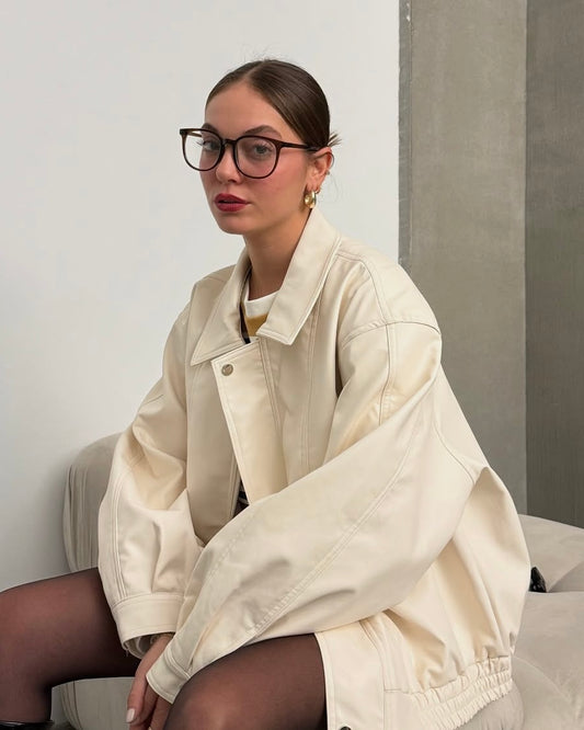 Cream Oversized Structured Leather Jacket | جاكيت جلد واسع بلون كريمي