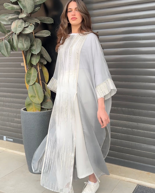 Luxurious Gray Kaftan with Vertical Stripes in Silver & Gold | قفطان رمادي فاخر بخطوط عمودية باللونين الفضي والذهبي