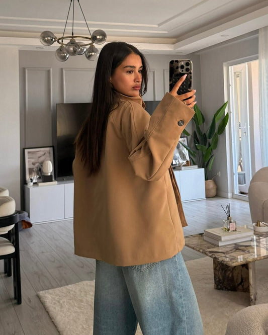 Oversized Camel High Stand Collar Button-Up Jacket | جاكيت كاميل بقبة عالية وأزرار أمامية