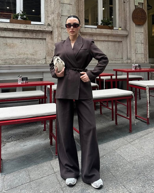 Brown Linen Wrap Cinched Waist Suit Set | طقم كتان باللون البني بتصميم لفّ من خصر