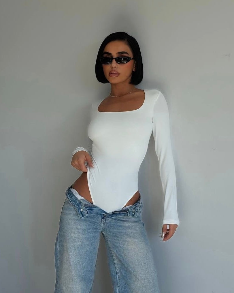 Navy Long Sleeve Square Neck Bodysuit | بودي سوت كحلي بأكمام طويلة