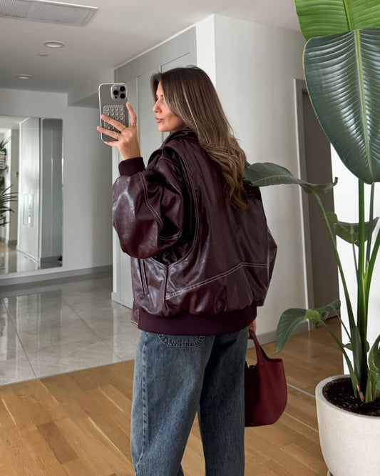 Timeless Maroon Leather Bomber Jacket | جاكيت بومبر من الجلد باللون الخمري الغامق الكلاسيكي