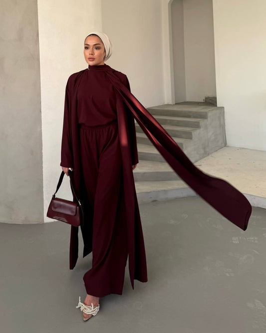 Maroon Elegant 3 Piece Abaya | طقم انيق 3 قطع باللون الخمري
