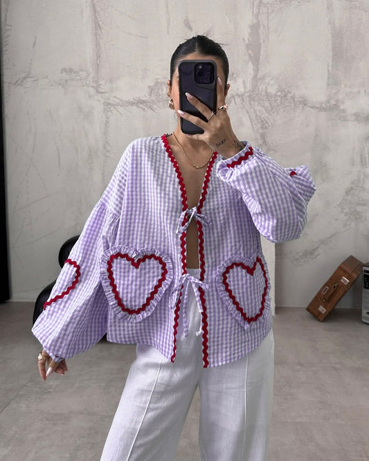 Blouse With a Purple Gingham Pattern & Heart Details | بلوزة بنقشة مربعات باللون الأرجواني وتفاصيل قلب