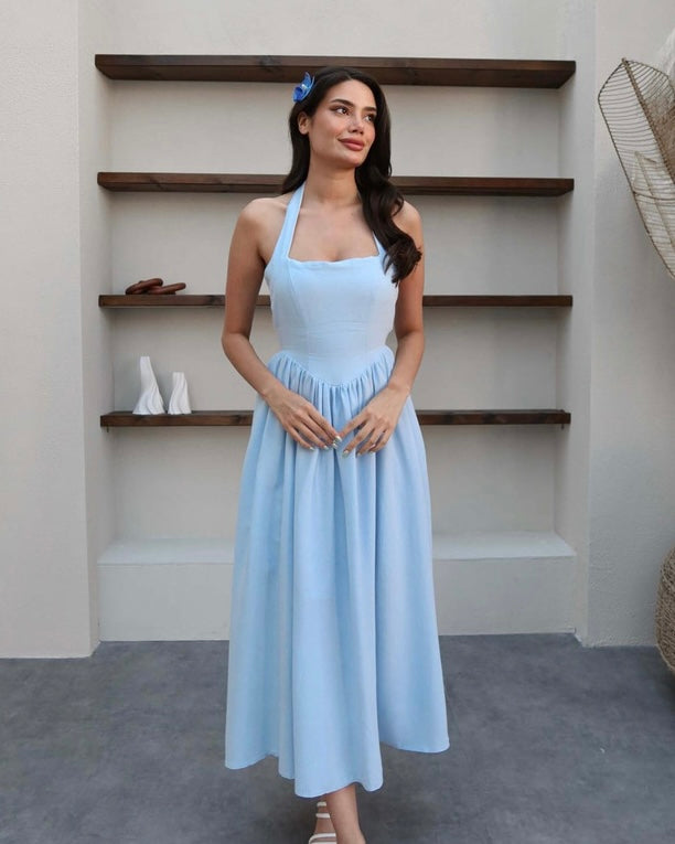 Blue Halter Midi Dress | فستان ميدي أزرق برباط حول الرقبة