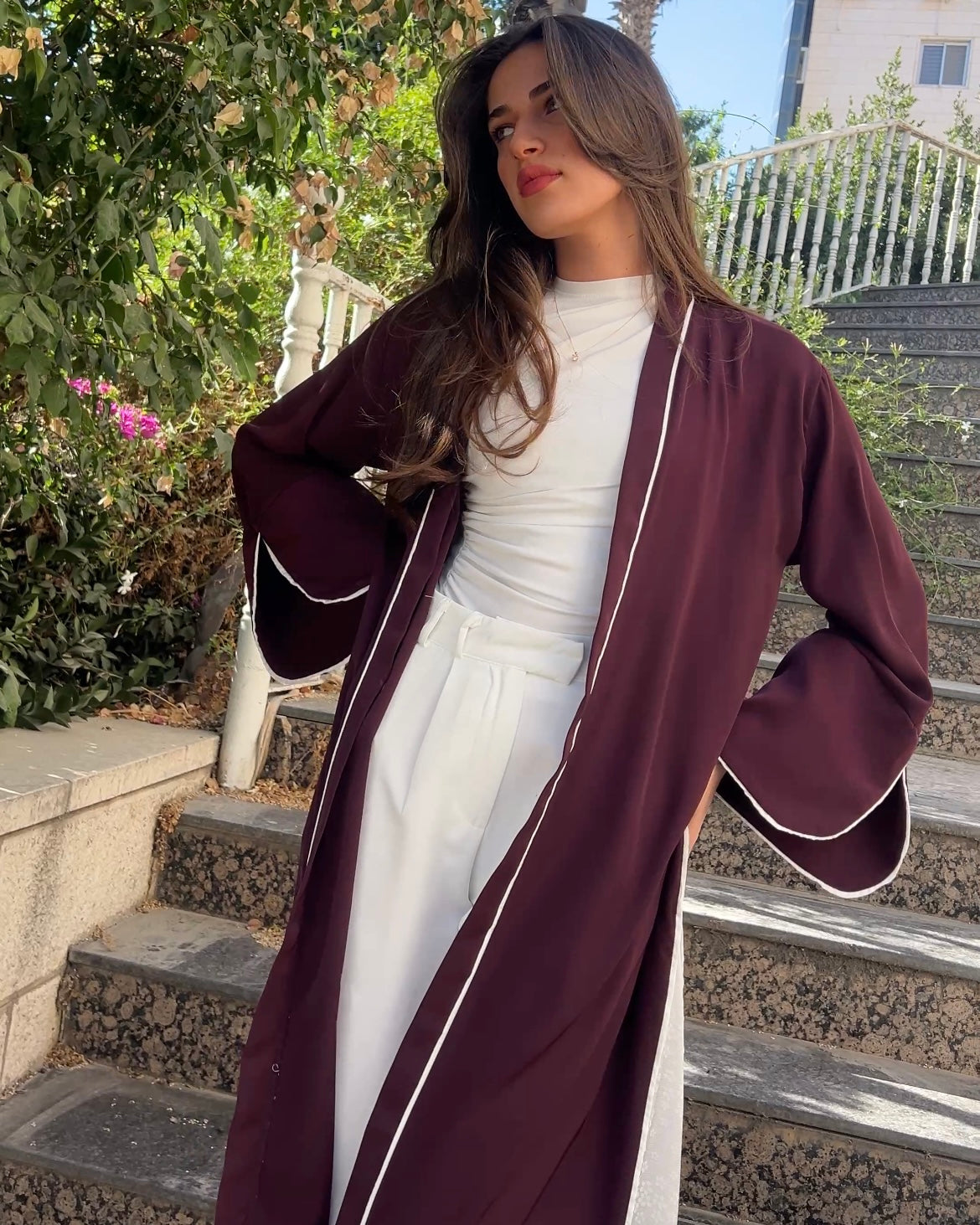 Elegant Maroon Abaya with Floral White Details | عباية أنيقة باللون الخمري مزينة بتفاصيل ورود بيضاء
