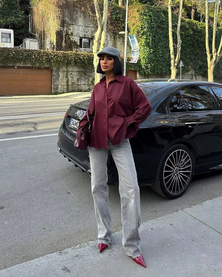 Burgundy Button-Up Shirt | قميص بأزرار أمامية بلون البيرغندي