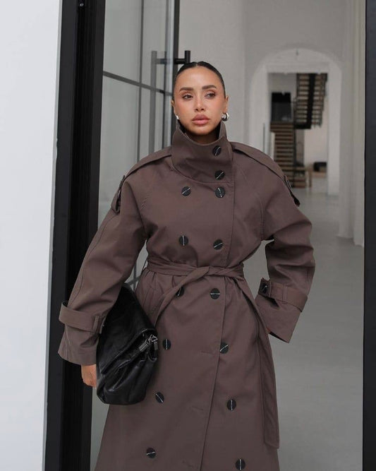 Brown Long Double-Breasted Trench Coat | ترانش كوت بني طويل وأنيق بأزرار مزدوجة