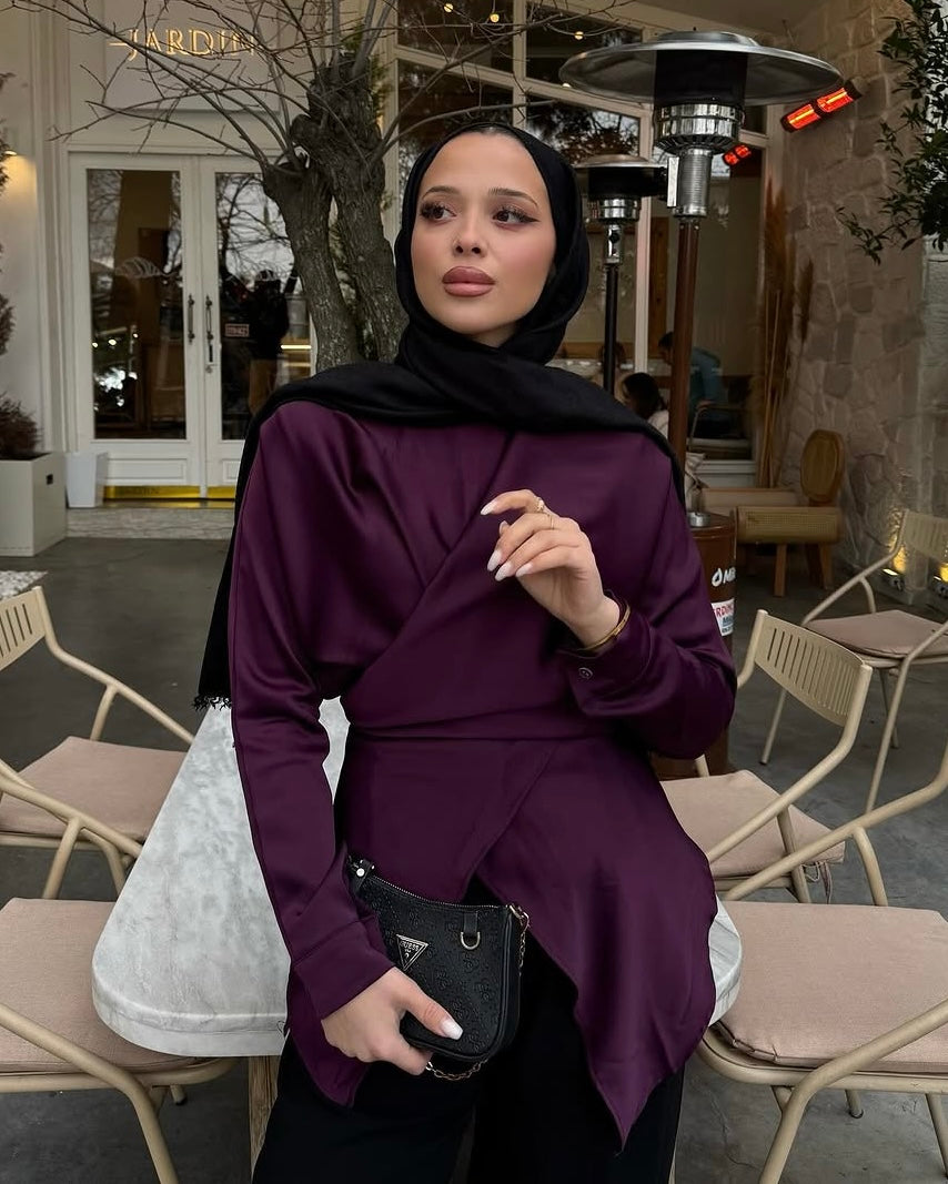 Plum Satin Wrap Blouse | بلوزة ستان لفّ بلون البنفسجي
