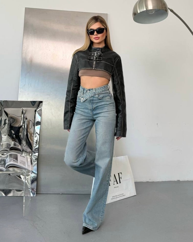 Asymmetric Waist High Rise Denim Jeans | جينز بخصر عالي وتصميم خصر غير متماثل