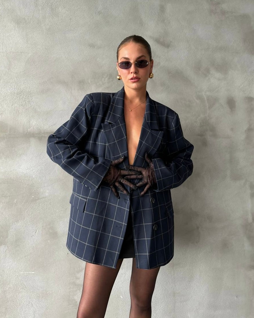 בלייזר משובץ אוברסייז כחול נייבי