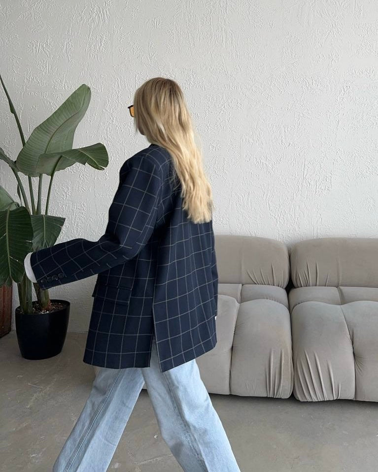 בלייזר משובץ אוברסייז כחול נייבי