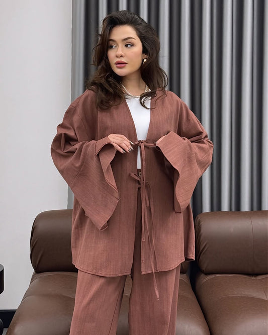 Terracotta Tie Front Casual Set | طقم كرميدي كاجوال برباط أمامي