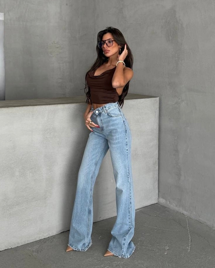 Light Wash High Waisted Flare Denim Jeans | جينز فاتح بخصر عالي قصة شارليستون