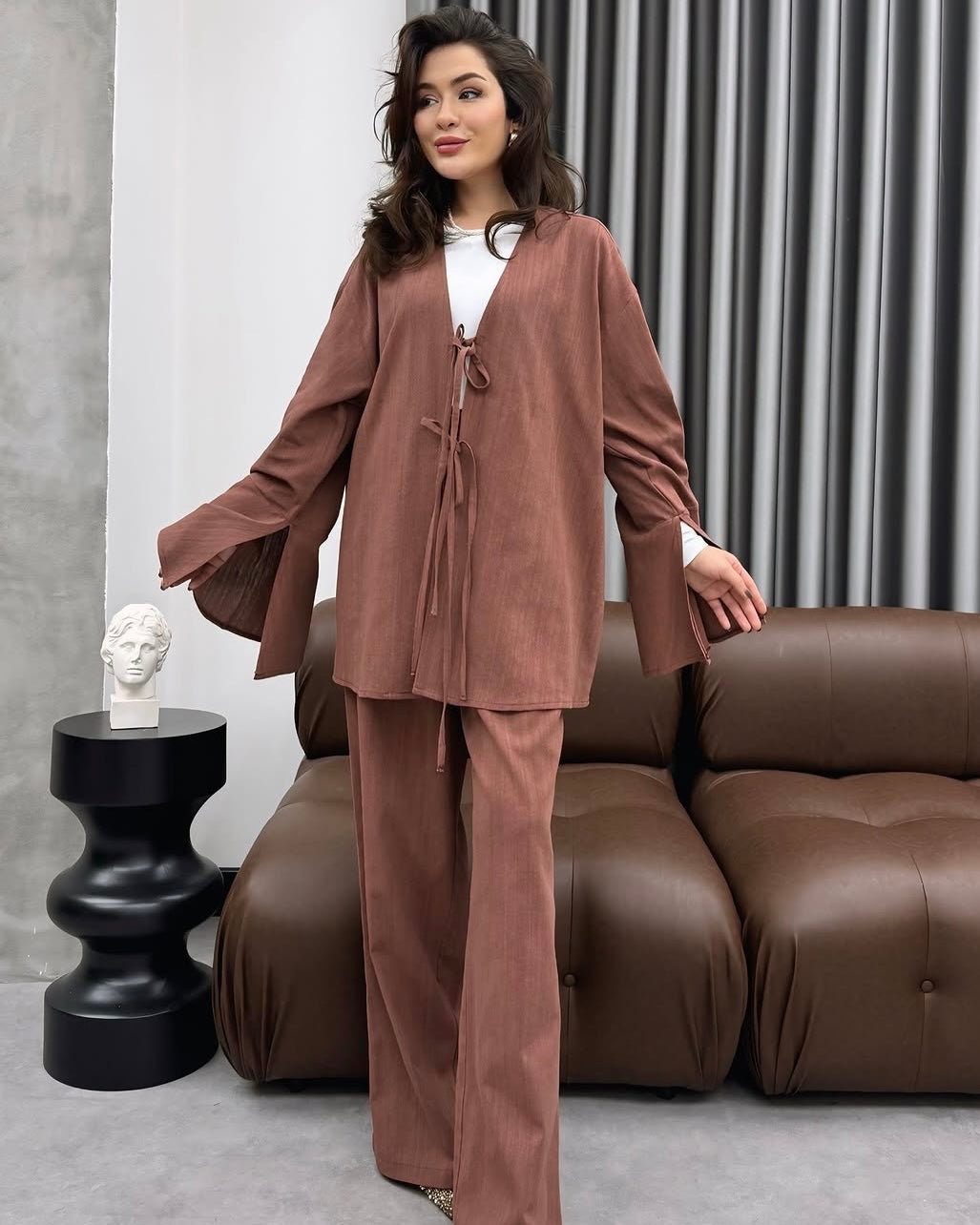 Terracotta Tie Front Casual Set | طقم كرميدي كاجوال برباط أمامي