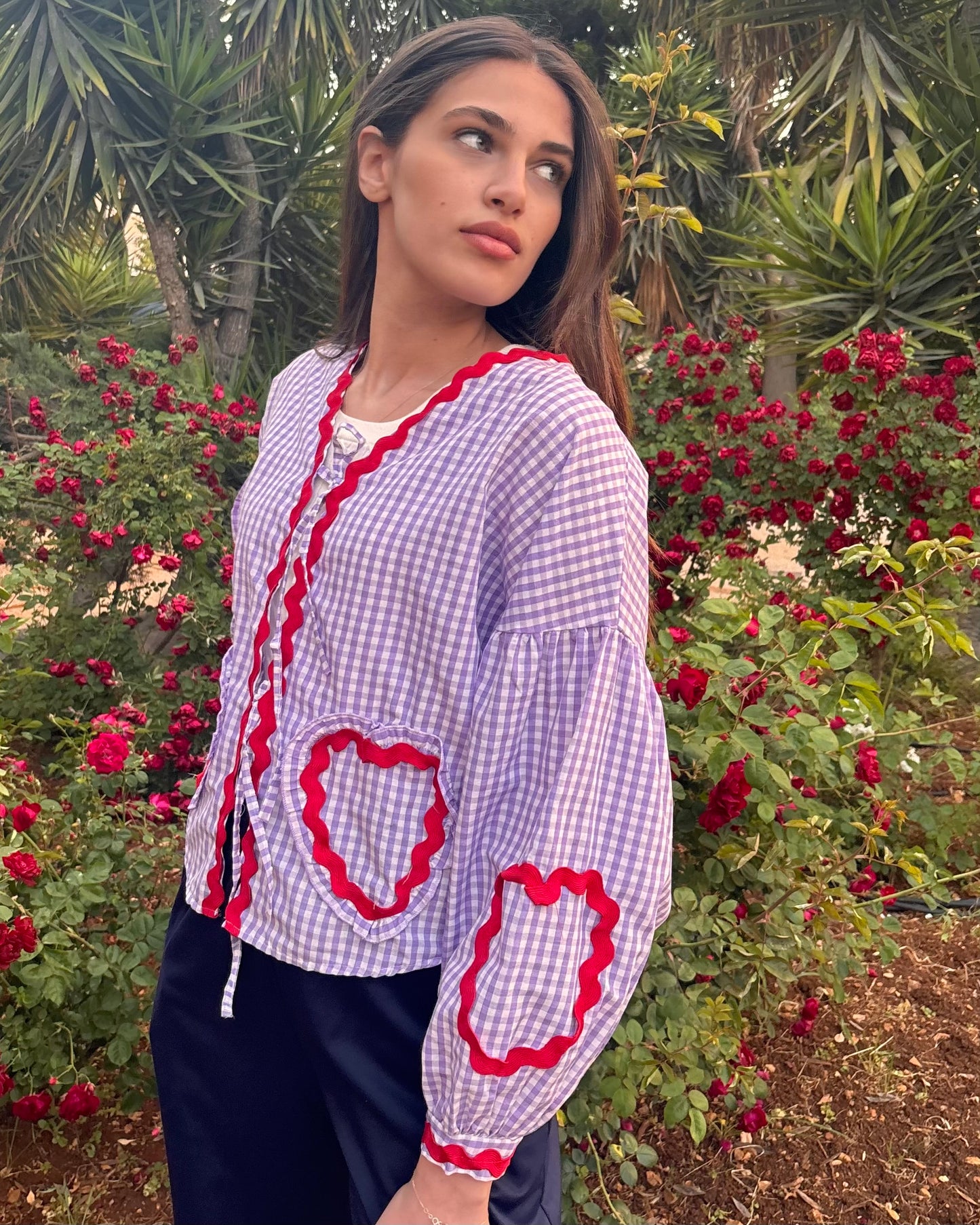 Blouse With a Purple Gingham Pattern & Heart Details | بلوزة بنقشة مربعات باللون الأرجواني وتفاصيل قلب