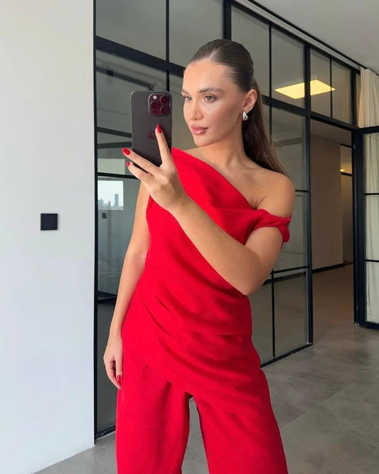 Red One Shoulder Draped Top and Wide Leg Pants Set | طقم احمر بكتف واحد مع توب ملفوف وبنطلون واسع